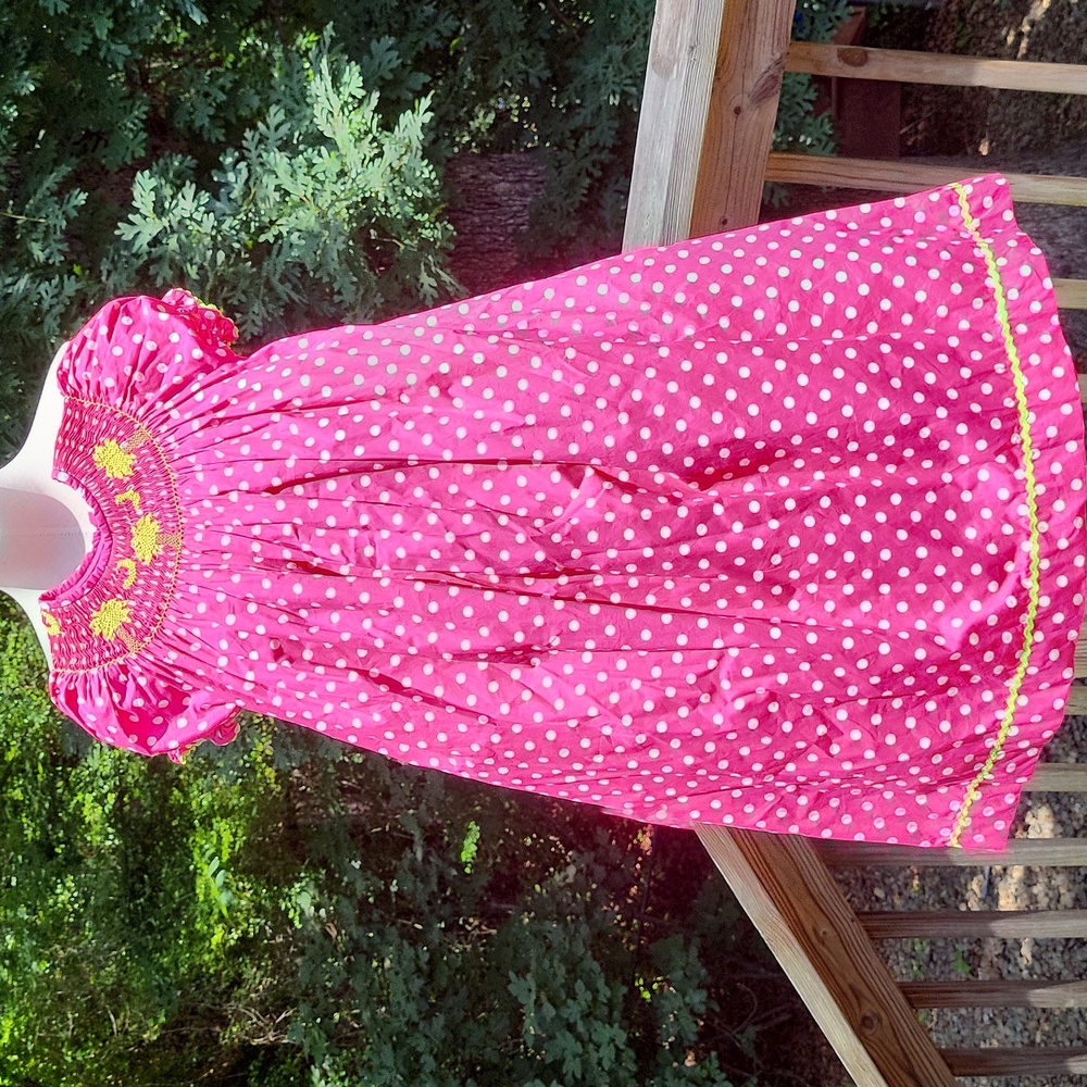 Smocked & embroidered dress, pink w white polka dots, palmetto, cap sleeves, 7